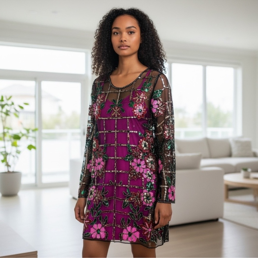 Sparkly Holiday Multi Color Sequin Mini Dress, Tunic, Special Occasion Dress